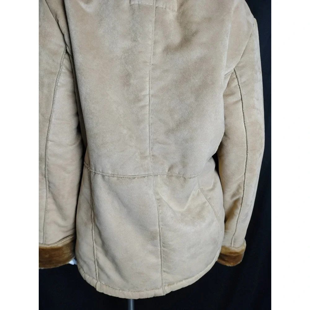 Women's LG coat faux suede fur camel brown 90's vibes warm cozy FLAW